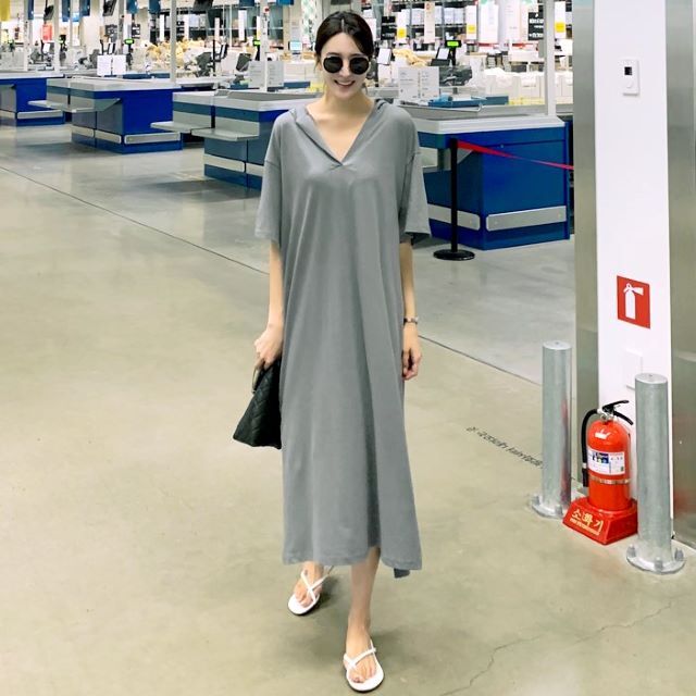 ワンピース ロング aライン ワンピース レディース フード付 スウェット ワンピース 五分袖 サイドスリット ドロップショルダー 灰 ピンク
