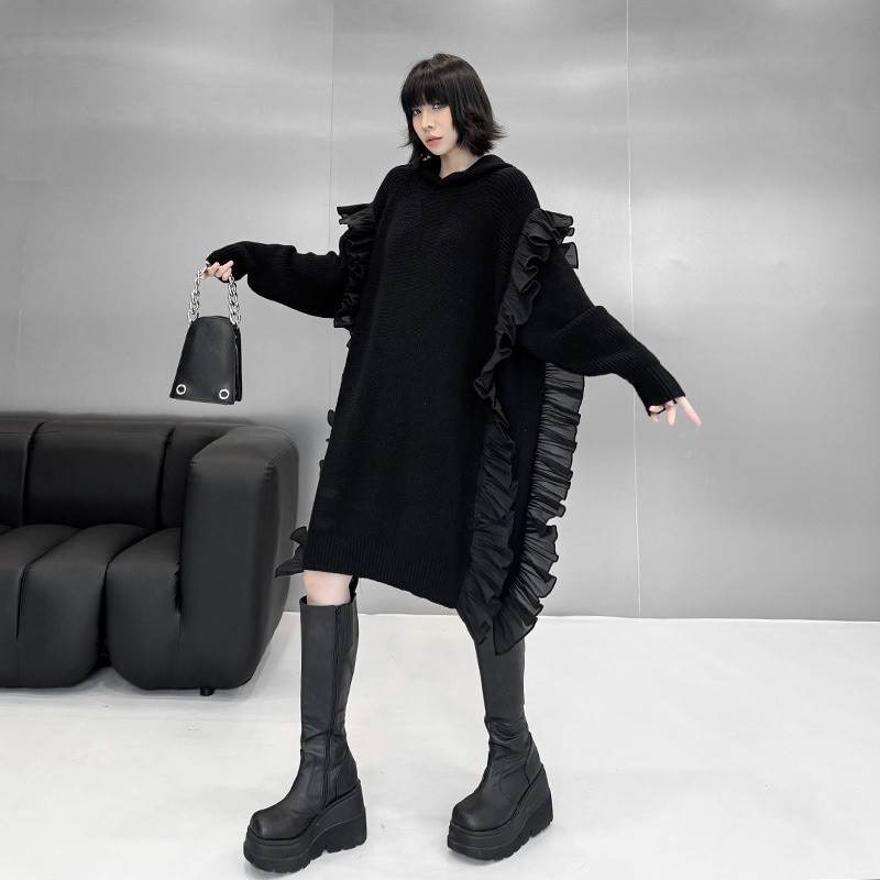 2025春 ニットワンピース フリル フード付き おしゃれ レディース ロングニット パーカーワンピース 関連商品購入可能