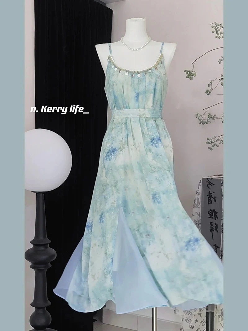 ファッション キャミワンピース 新作 ぼかしリゾートゆったりキャミソールワンピース海辺ロングスカート夏 着痩せ 百掛け