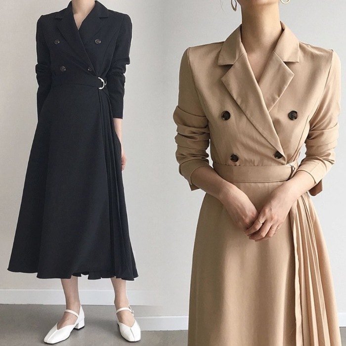 ワンピース トレンチ風 トレンチ 開襟 サイドプリーツ プリーツ切り替え レディース 2色 ロングワンピース ロング丈 ミモレ丈 カシュクール Vネック 長袖 ウエストマーク ベルト