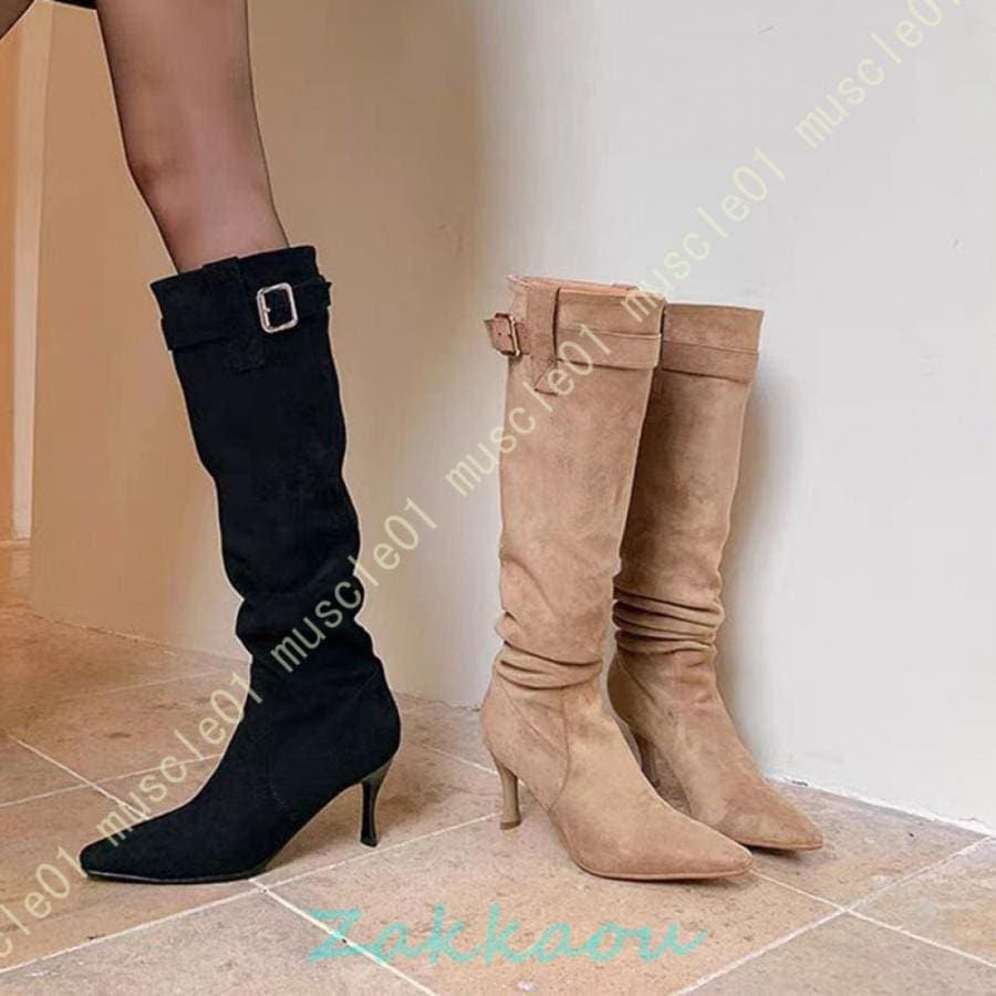 レディース ファッション ストレッチ ロングブーツ 太ヒール 大きいサイズ ロングブーツ レディース ロング丈 太ヒール ポインテッドトゥ 伸縮性 シンプル