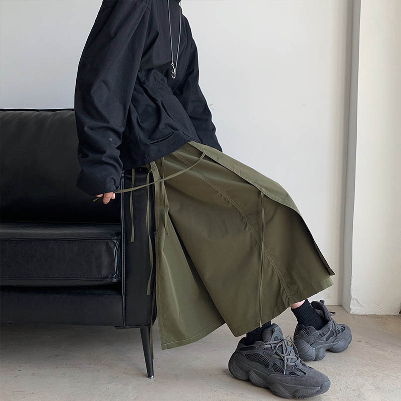 ワイドパンツ ユニセックス メンズ レディース 男女兼用 S M L 2L 3L ガウチョ 9679196 グリーンSL黒L即納 黒 ベージュ レイヤード 飾り紐