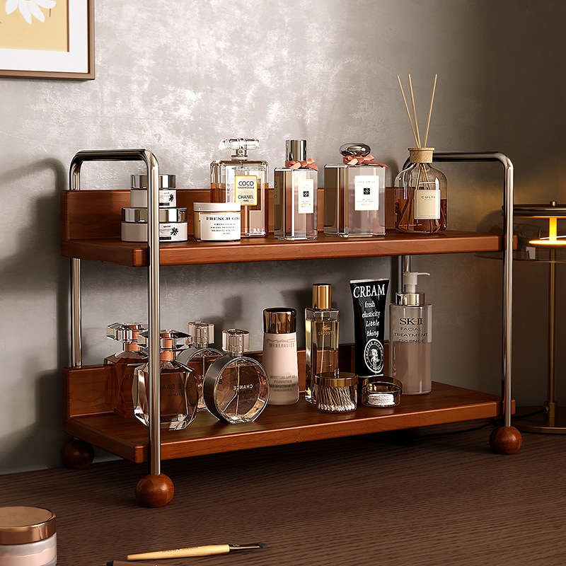 化粧品収納ボックスドレッシングテーブルトップライトライトラグジュアリー中世スタイルのソリッドウッドマルチエンドスキンケア製品香水ストレージラック