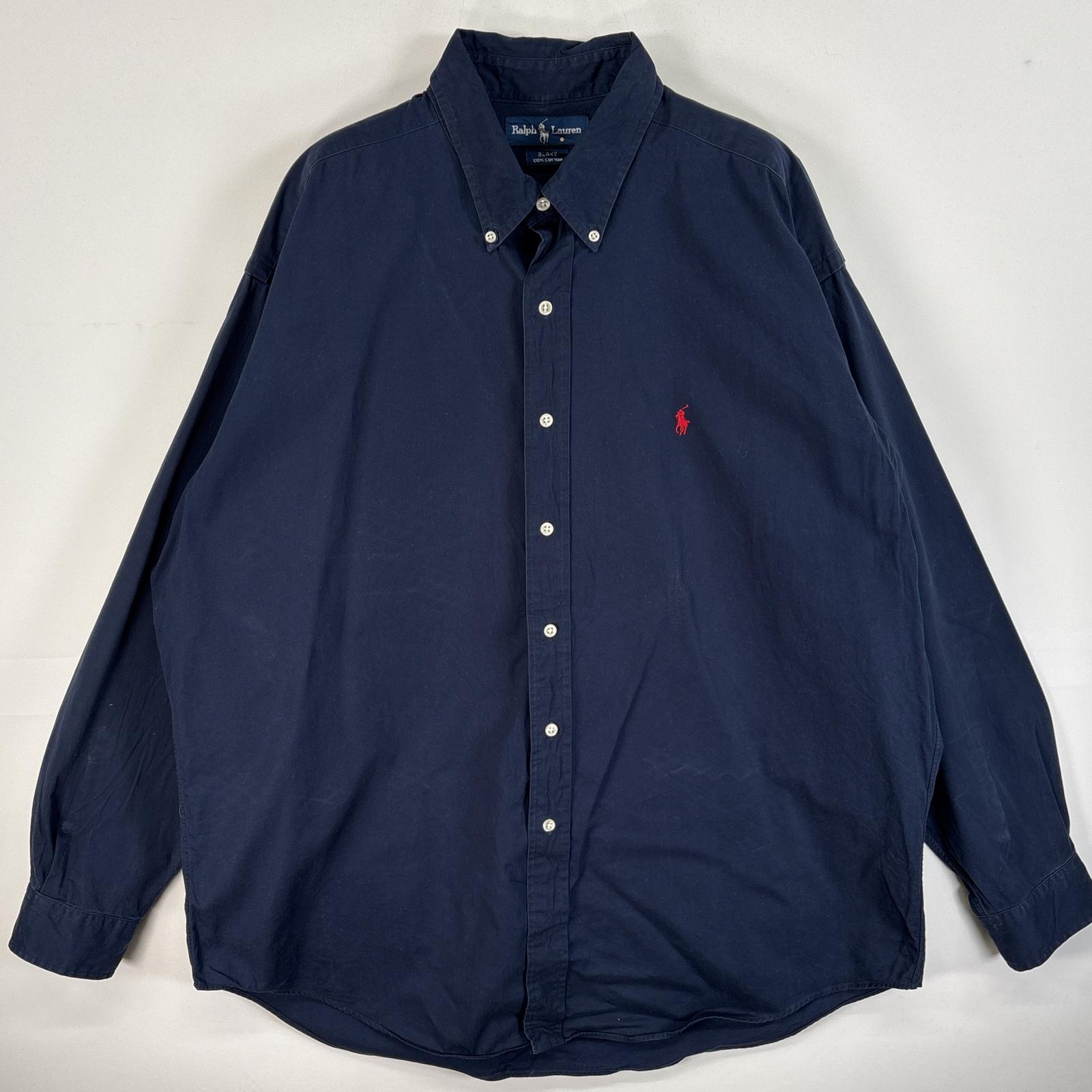 古着 長袖シャツ ボタンダウンシャツ ロゴ 刺繍 BLAKE XL ネイビー 無地 メンズ
