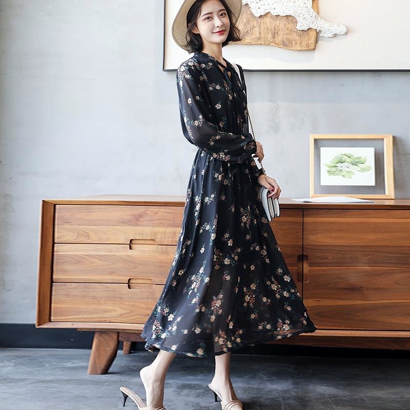 ワンピース フレアワンピース ミモレ ミモレ丈 袖あり 長袖 フレア Aライン シフォン ウエストリボン 柄 花柄 春 夏 秋 10代 20代 個性的 ブラック S M L XL 2XL エレガント