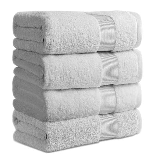 AULIFLOWER バスタオル 純綿 ホテル仕様 60*120CM 4枚セット コットン 大判 薄手 肌触りが良い ふわふわ 速乾 瞬間吸水 毛羽落ちしにくい 耐久性 ストリップ ギフト ライトグレ