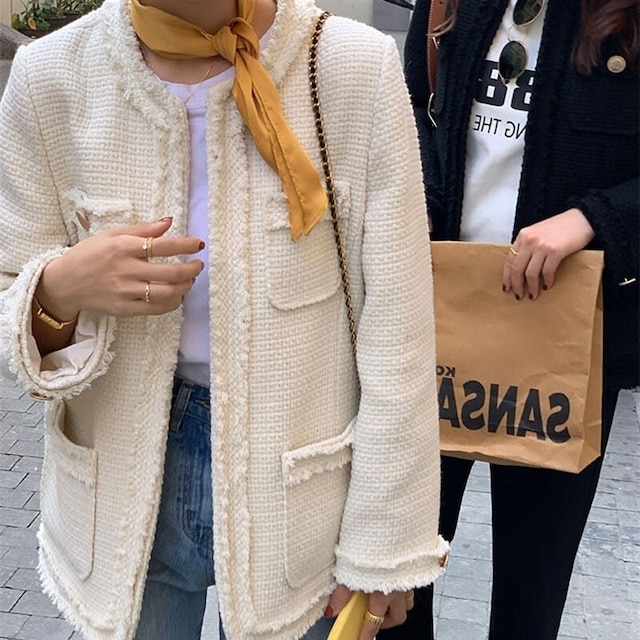 ツイードジャケット ノーカラージャケット ツイード トリム ジャケット レディース オフィス お仕事コーデ a4059