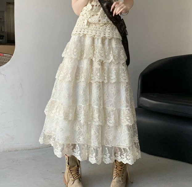 【高品質の製品】早い者勝ち！ 【激安販売】ロングスカート フリル ケーキスカート レース シンプル お出かけ デート カジュアル【大きいサイズ レディース ロング 春夏 フレア スウェット パンツ レ