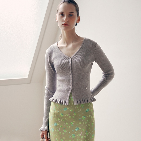 V NECK RUFFLE CARDIGAN GRAY