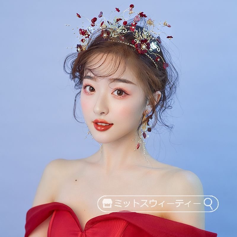 ウェディング ティアラ クラウン 結婚式 花嫁 イヤリング ワインレッド フラワー ブライダル 二次