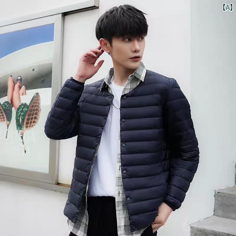 ダウンジャケット メンズ ショート アウター 防寒 おしゃれ 軽量 涼しい 薄手 涼しい ノーカラー インナー 暖かい 大きめサイズ Vネック ネイビー ブラック グリーン 5,989円