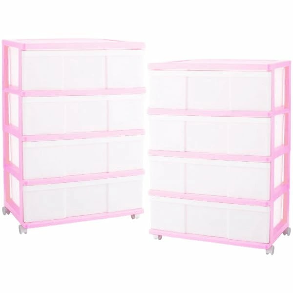 収納ケース プラスチック 引き出し ワイド 4段 2個組 幅60 おしゃれチェリーピンク キャスター