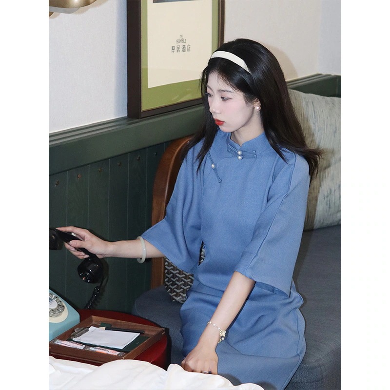 ワンピースドレスドレスリバースラージスリーブ文学 時代のチョンサム漢服スタイルヤング2025完全なオープンリング秋と冬の新しいスタイルの学生