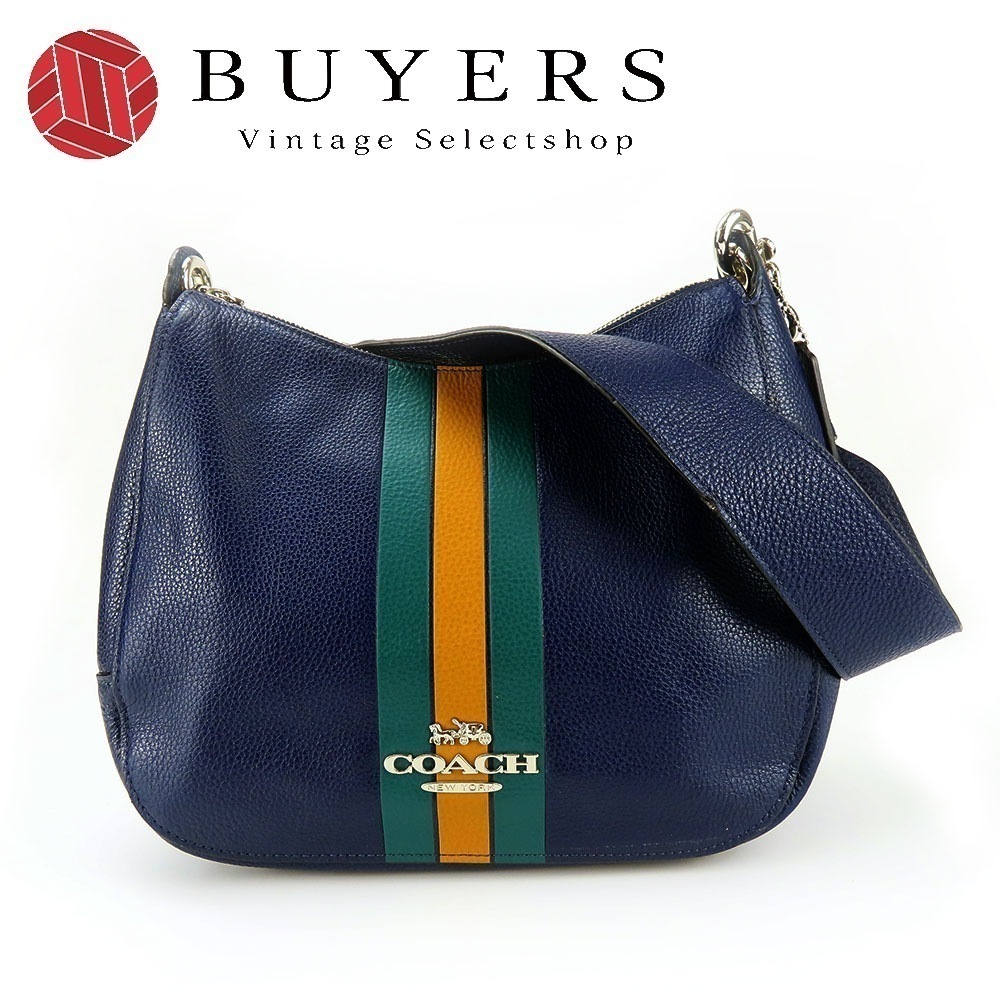 中古 ショルダーバッグ F80643 レザー ネイビー シルバー金具 肩掛け レディース 女性