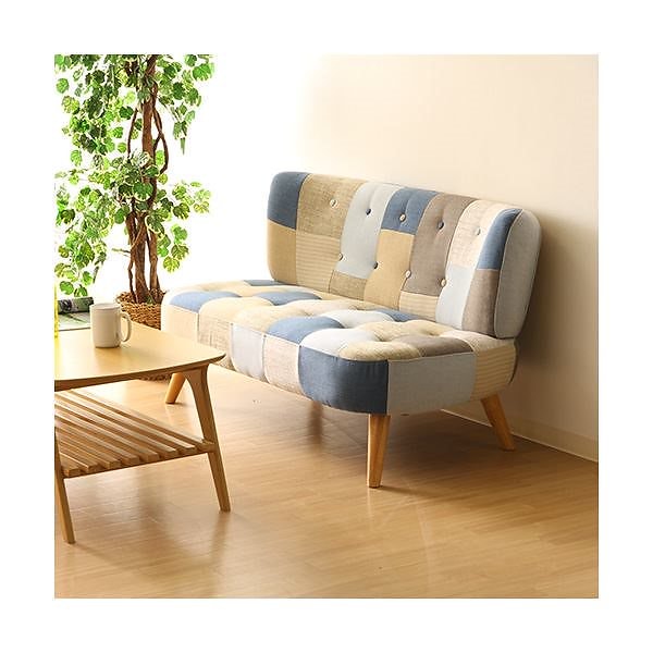 ソファ2P デイジーパッチワークブルー