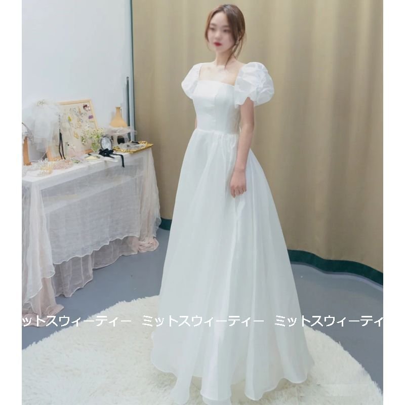 ウェディングドレス ロングドレス パフスリーブ Aライン 結婚式 ウエディングドレス 二次会 花嫁