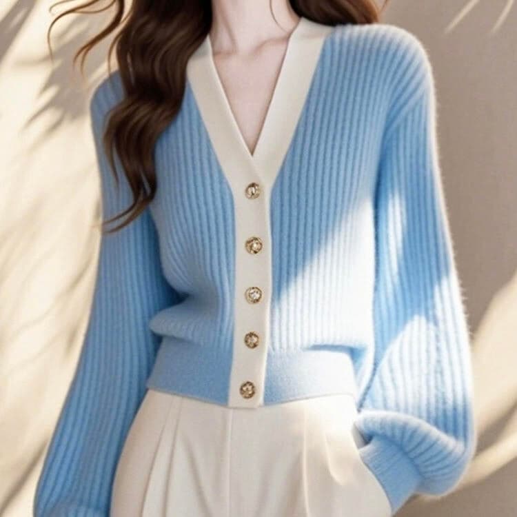 バイカラーカーディガン 水色 カーディガン 水色 ニット 高見えカーディガン カーディガン カーディガン水色 ライトブルー 韓国 オルチャン レディース 高見え 配色 水色カーディガン パイピング