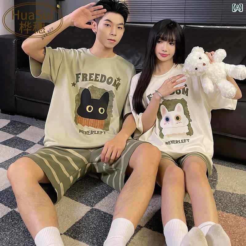 パジャマ　レディース　上下 ストライプ カップル パジャマ 男の子 女の子 かわいい スーツ 夏 綿 薄手 丸 首 半袖 ホームウェア アウターウェア