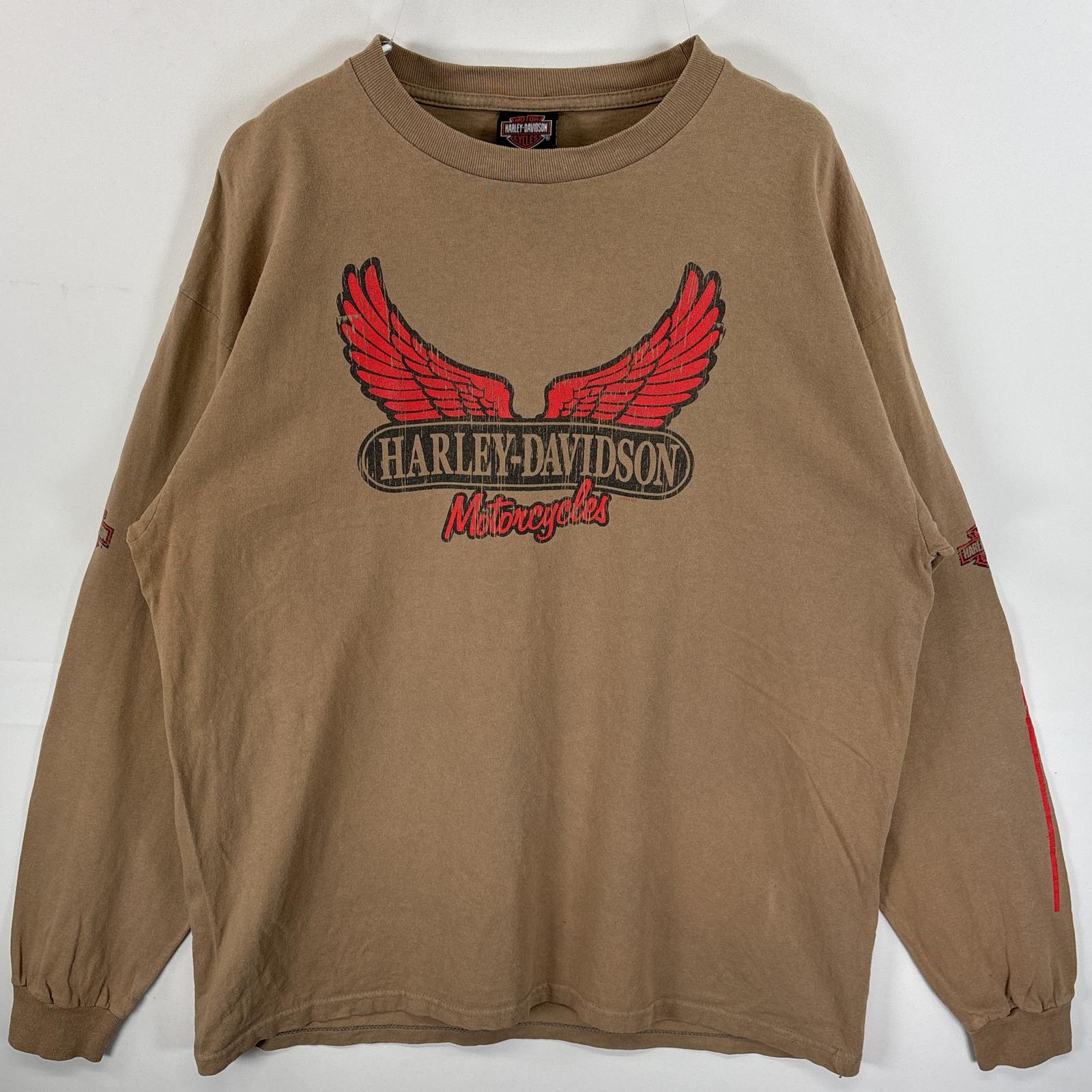 古着 長袖Tシャツ 両面 ラバープリント 袖プリント クルーネック XL ベージュ系 メンズ