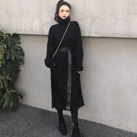 タートルネックロングワンピース ワンピース ニット ロング丈 長袖 ボリューム袖 ハイネック