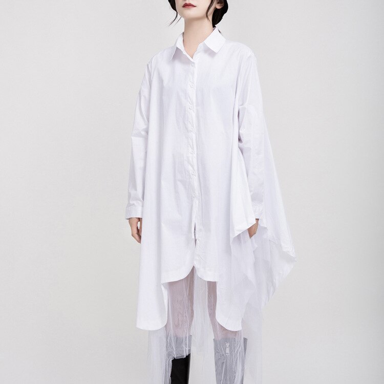 ワンピース開き襟長袖ワンピース ニューデザイン切り替えメッシュ 不規則 シャツワンピース