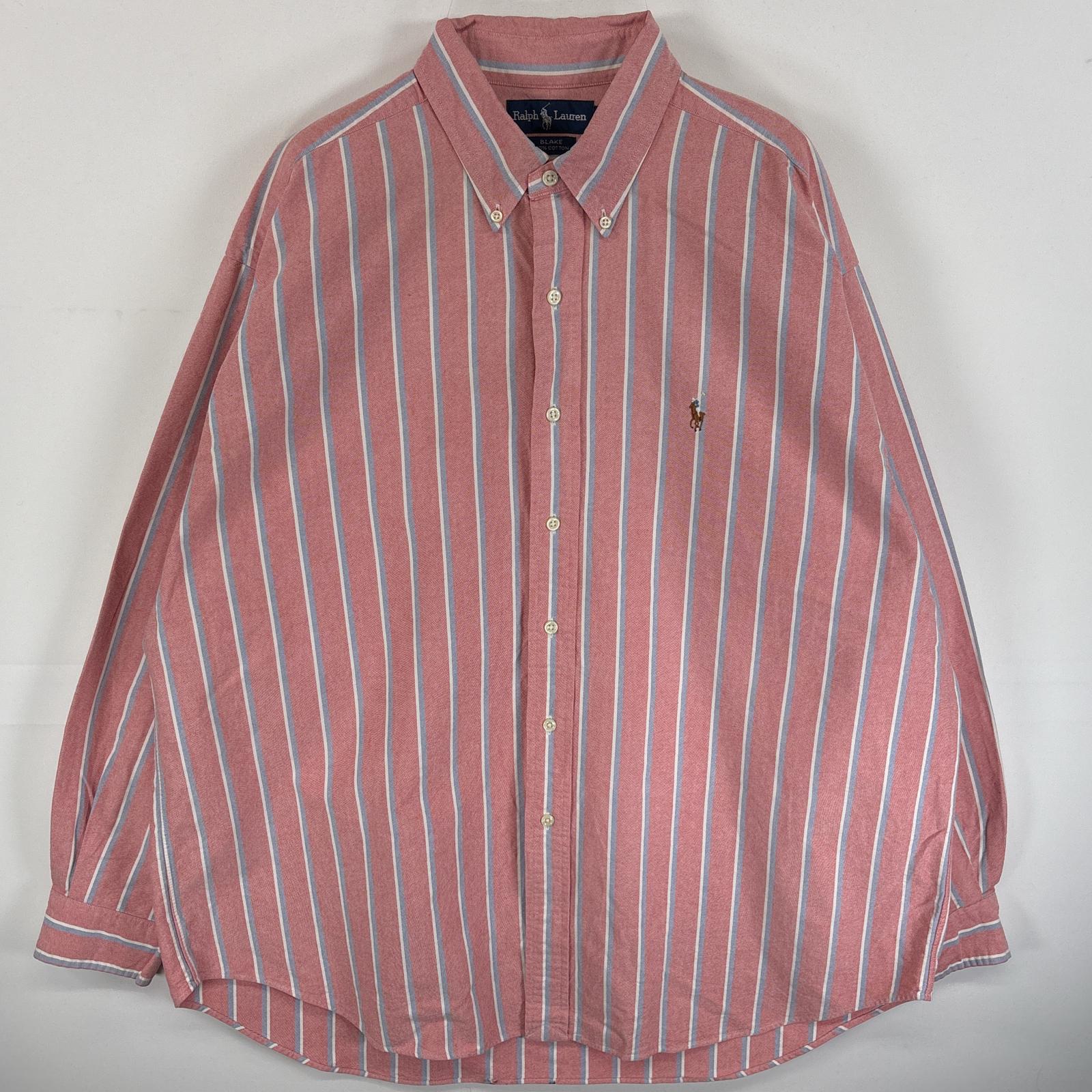 古着 90s/90年代 長袖シャツ ワンポイント ロゴ 刺繍 ボタンダウンシャツ 厚手 XL ピンク系 ストライプ メンズ