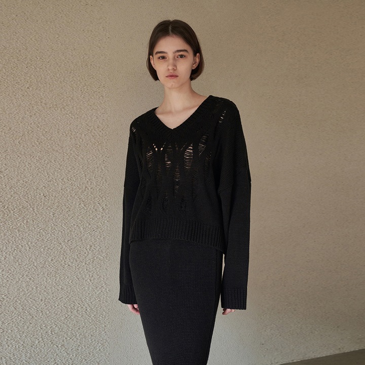 Netting v-neck knit - black