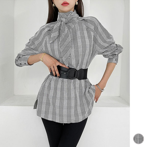 ブラウス レディース トップス 長袖 グレンチェック ボウタイ タイ スカーフ 上品 きれいめ おしゃれ オフィス 春 秋 冬 韓国 to27966
