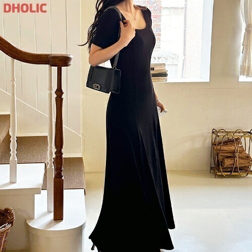 スクエアネックロング半袖ワンピース