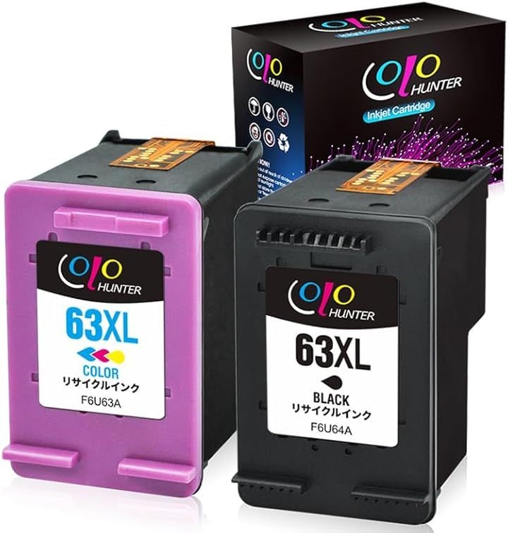 互換品HP用リサイクルインクカートリッジ 63 XL ブラック 増量 + カラー 増量残量表示機能付 2個セット対応機種ENVY 4520 等 (63 XL ( ブラック + カラー ）)