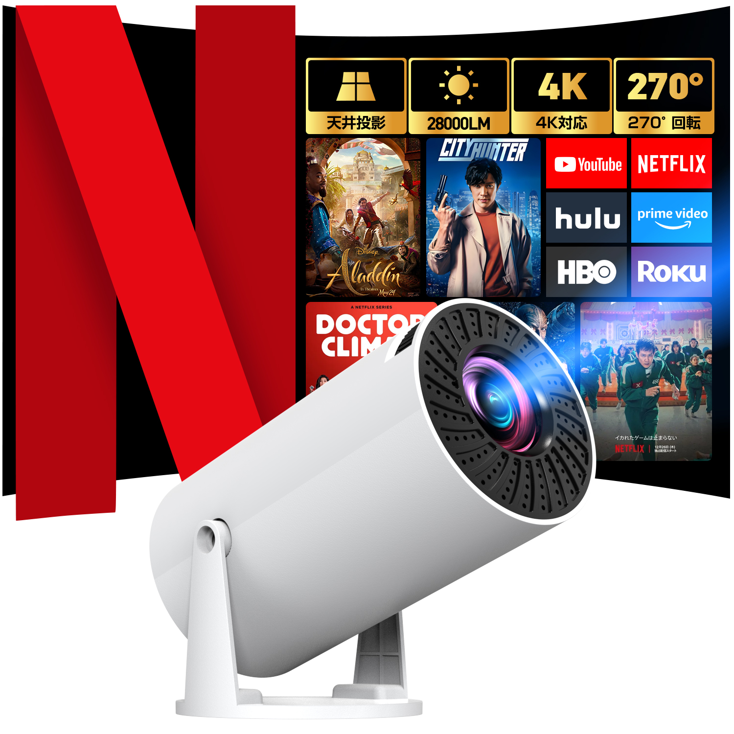 【最新Android TV搭載】プロジェクター 天井 家庭用 小型 4K対応 自動台形補正 28000lm WiFi6対応 ホームプロジェクター Bluetooth5.3 短距離投影