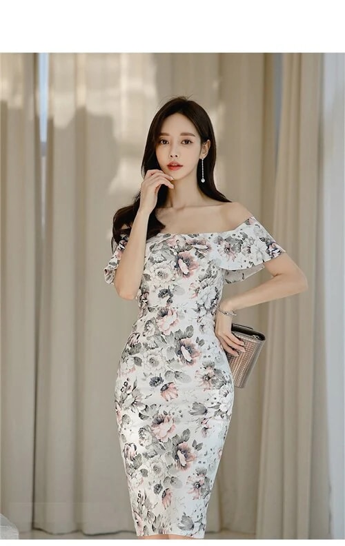 結婚式エレガントフリルパーティドレス風インポートきれいめミドル丈ボートネック二次会 母の日のプレゼント