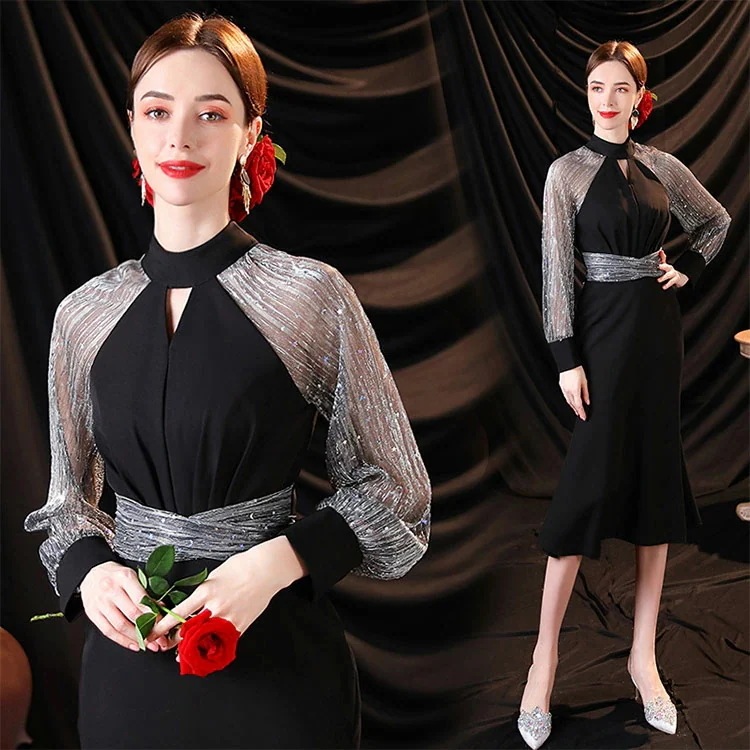 2026年新製品 マーメイドドレス 黒 結婚式 ワンピース ミモレ丈 イブニングドレス サテン ドレス パフスリーブ マーメイドライン ブラック 優雅 エレガント お呼ばれドレス ホルターネック 二