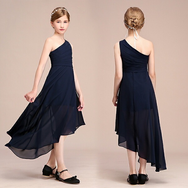 150cm ピアノ発表会 ドレス 中学生 ワンピース キッズドレス 子供 ドレス ピアノ 発表会 ミディアム丈 シフォン 女の子 ネイビー 紺 夏 ワンショルダー フィッシュテール 演奏会 フォーマル