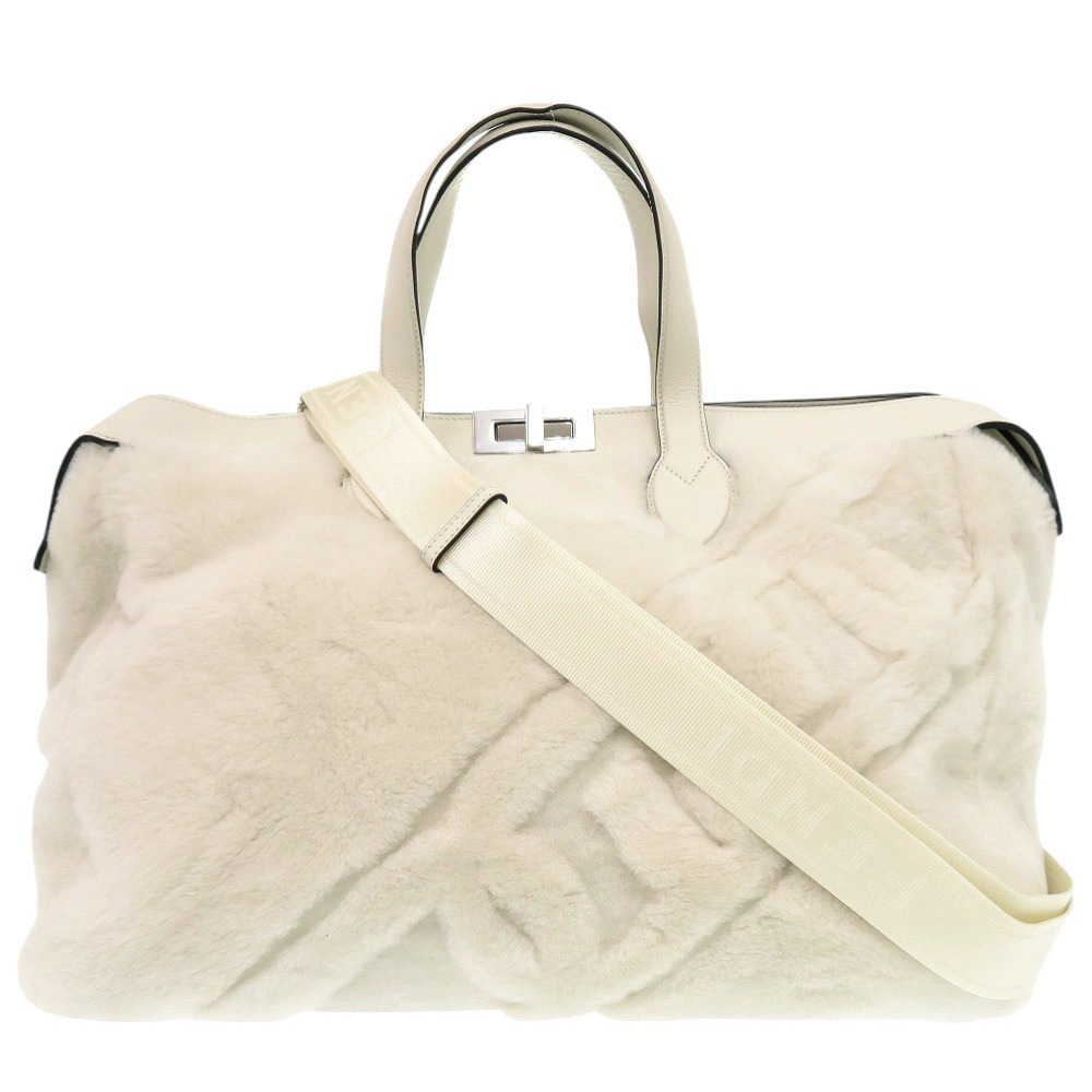 美品 2WAY ボストンバッグ レザー/ムートン ホワイト 0149【中古】 ユニセックス