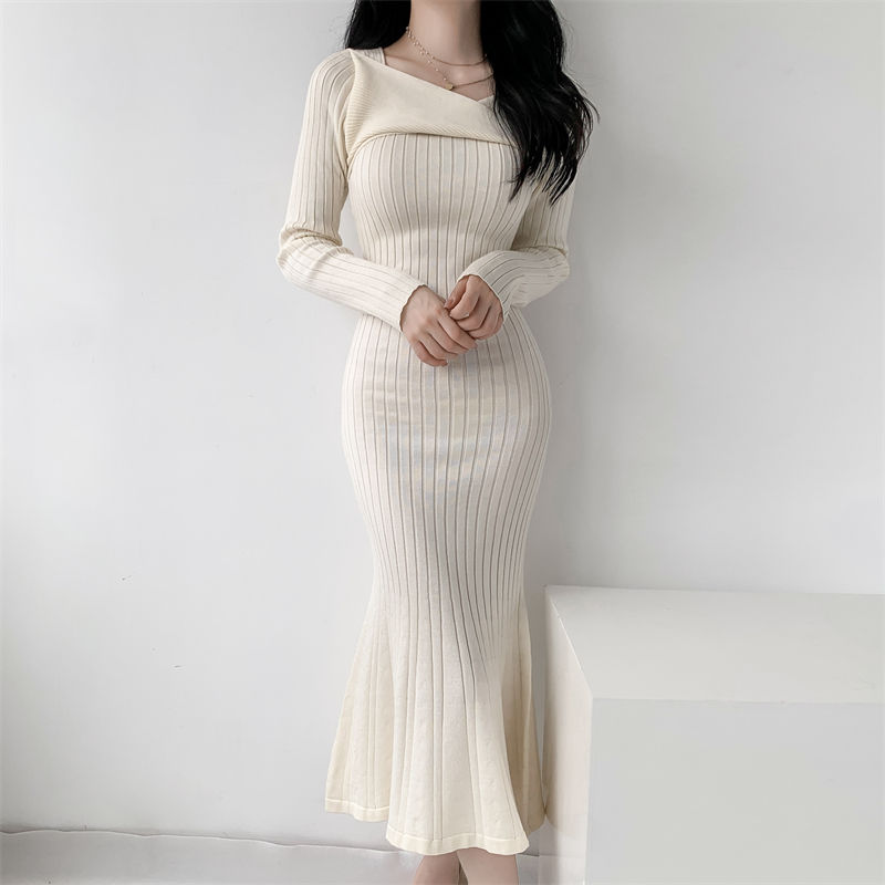 冬のワンピース 2024上品ブラックロングスカートフレンチボトムニット長袖ワンピース秋冬