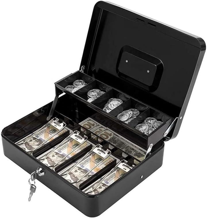 金庫 ミニ金庫 手提げ金庫 小型 会計ケース 簡易レジ 金属製 31x25x10cm(ブラック)