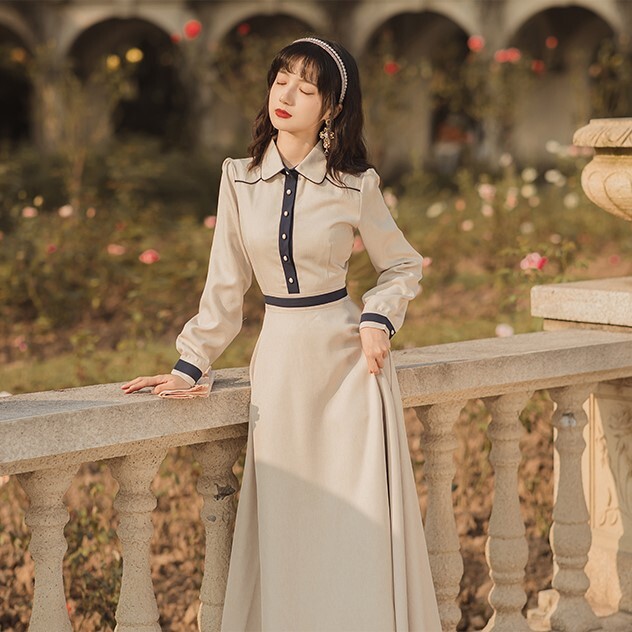 コーヒーブレイクフレンチヴィンテージドレス秋冬長いスカートシック ワンピース フレアワンピース ミモレ丈 ロング 長袖 襟付き フレア リブ かわいい 大人可愛い きれいめ シンプル 上品 おしゃれ