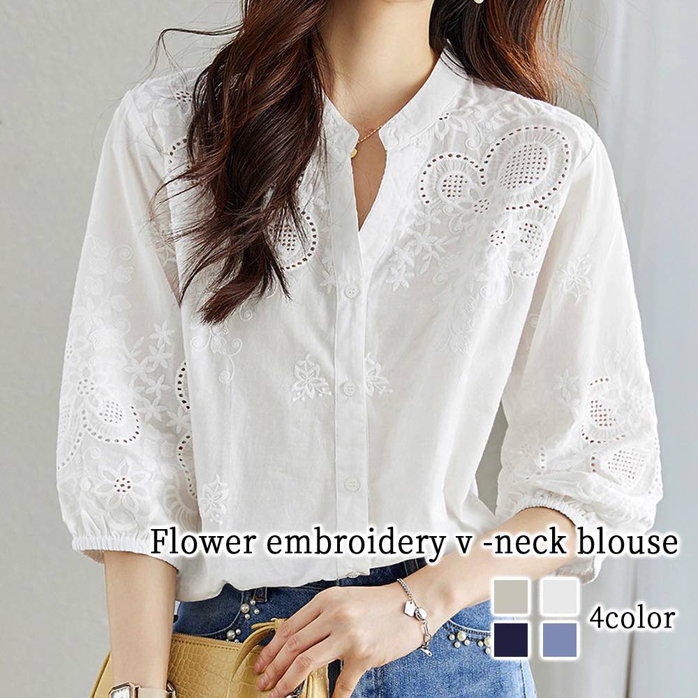 Tシャツ レディース 花刺繍Vネックブラウス カットソー コーデ 暖かい おしゃれ カジュアル トレーナー ロゴ ゆったり 長袖 春 綿 キャンバー ブラウス かわいい 秋 冬 ブラック Vネック ブ