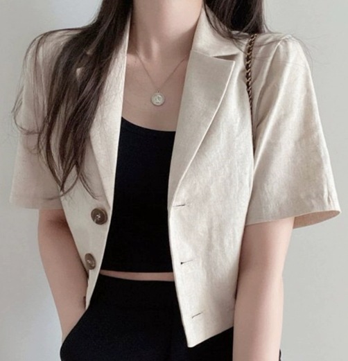レディース ジャケット アウター 上着 羽織 ショート 半袖 襟付き 薄手 リネン 大人可愛い シンプル カジュアル おしゃれ かっこいい ラフ クール 抜け感 キュート ナチュラル 爽やか シック
