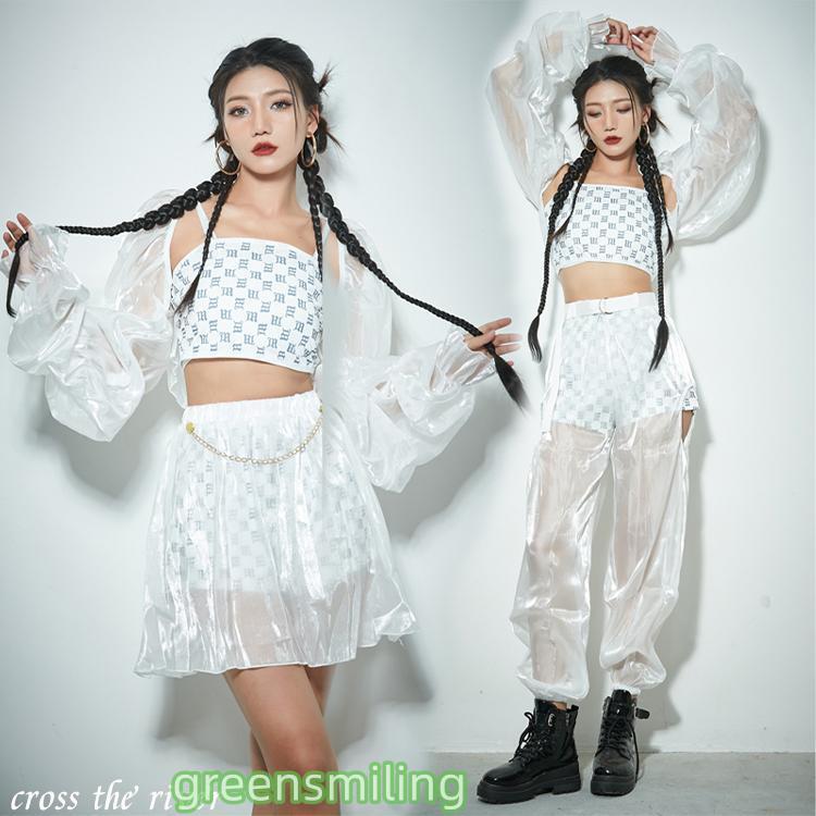 【3タイプ】kpop 衣装 ダンス衣装 セットアップ レディース 大人 韓国 衣装 ダンス 白 へそ出し タンクトップ ぽわん袖 チェック柄 ロングパンツ 長袖