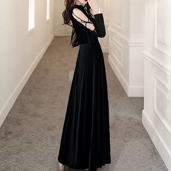 【取寄:納期2週間】結婚式ドレス オープンショルダー 無地 ロングドレス セクシー 肌見せ ハイネック レース発表会 演奏会 レディース 結婚式 ステージ衣装 エレガント ウエディングドレス