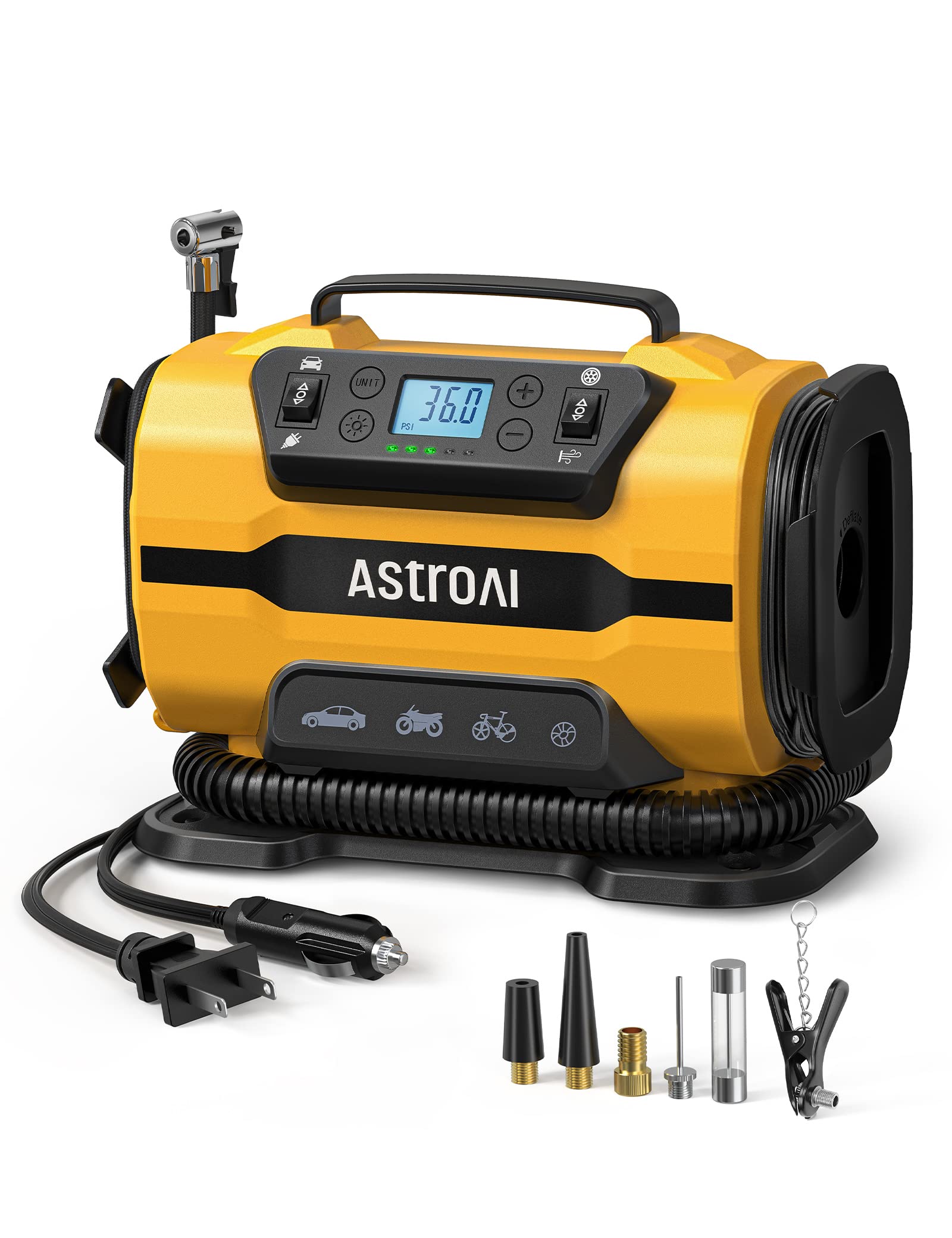 AstroAI エアーコンプレッサー 電動空気入れ 5 in 1 タイヤ・プール 自動車用 AC/DC給電 150 PSI 自動電源オフ メモリ機能 LEDライト五種類変換ノズル 仏式/米式/英式 全
