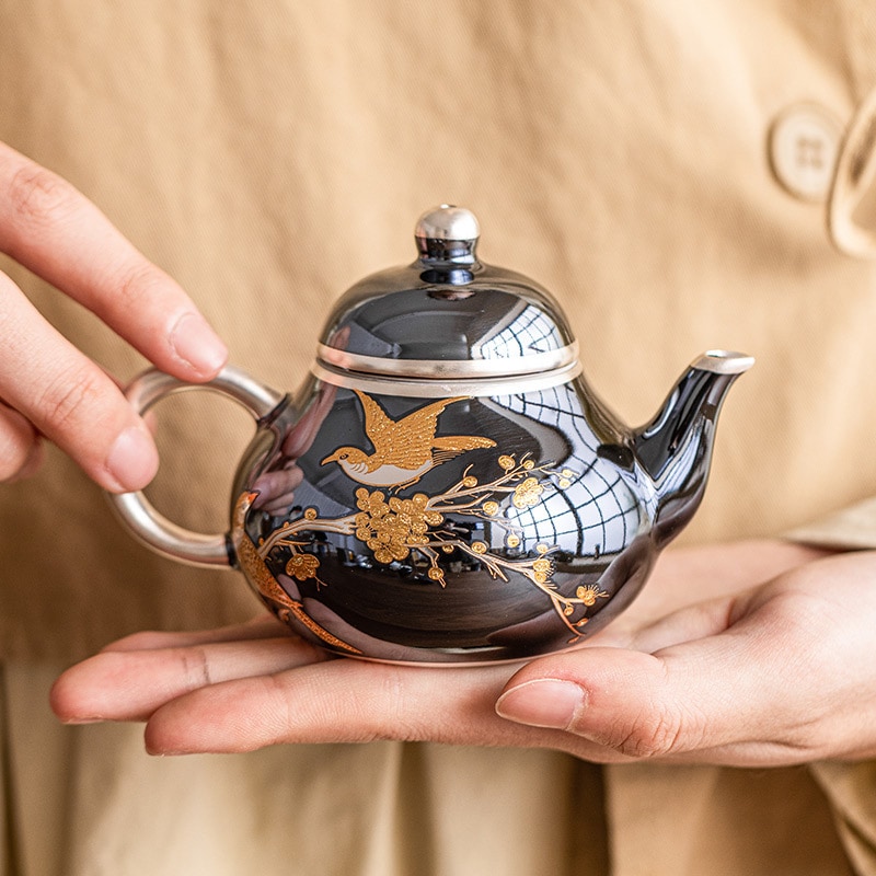 お茶を淹れるための洋梨型のティーポットカンフーティーポットシングルポット999シルバーメッキ軽量で高級な高級ティーセットギフトボックス