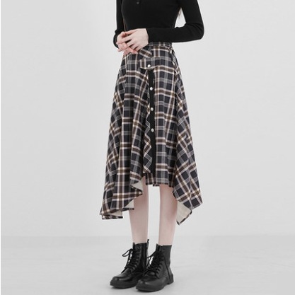 秋 冬 格子縞スカート 不規則 長スカート ビッグフレア アシンメトリーアンバランス ウェストゴム