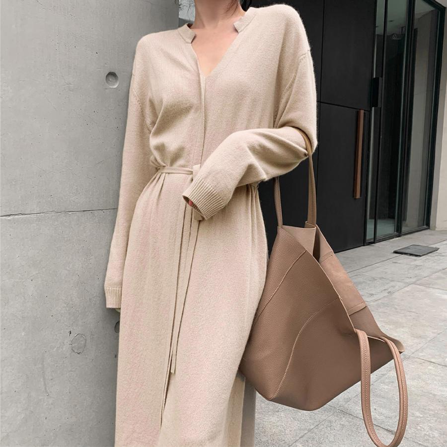 キーネック ニットワンピース レディース セーターワンピース 暖かい ロングワンピ 秋冬 シンプル 上品 大人 おしゃれ