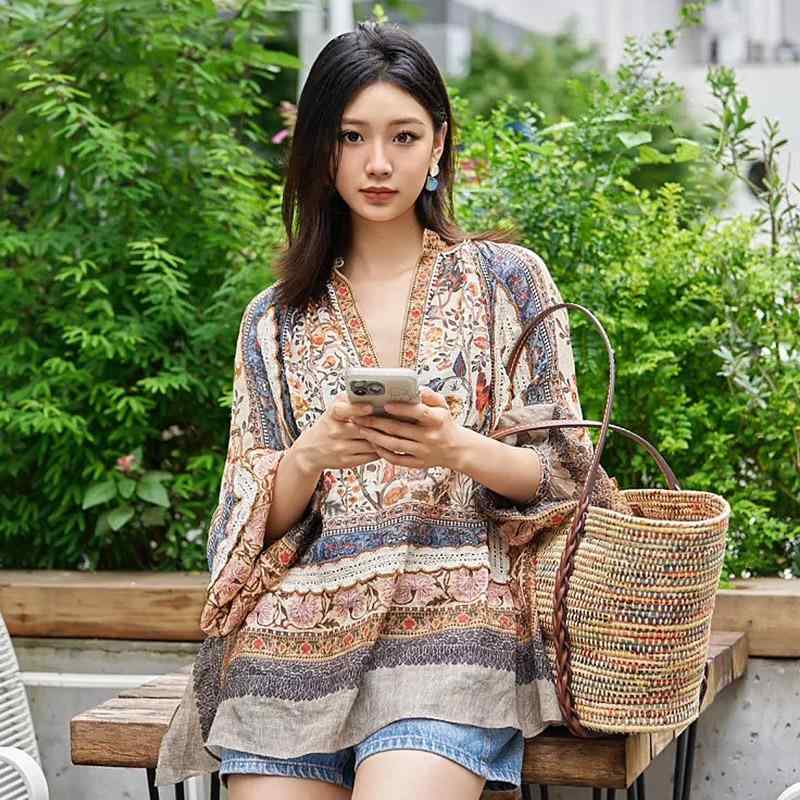 アジアン エスニック トップス 秋 レディース Vネック バンドカラー プリント ブラウス 薄手 長袖 ランタンスリーブ コットン シャツ 花柄