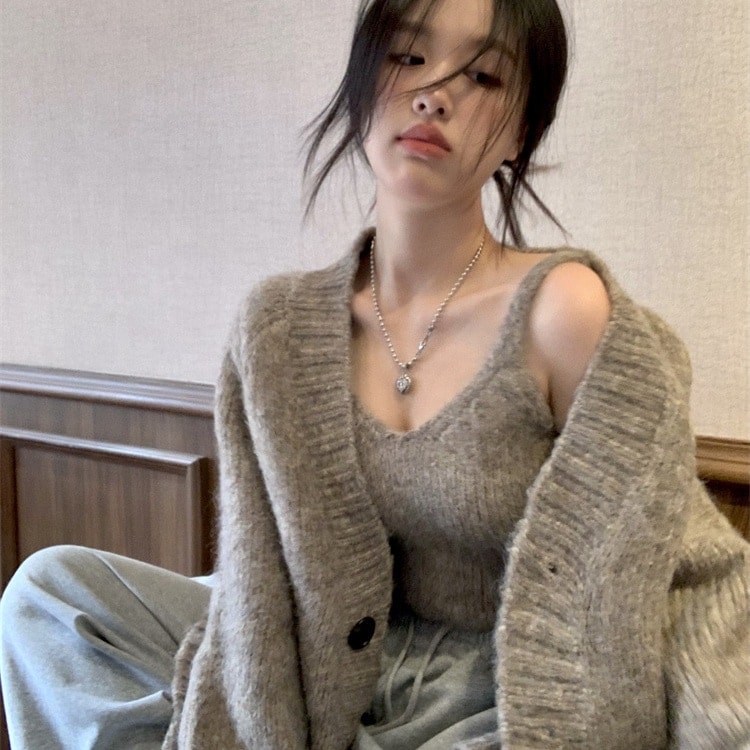 春秋ファッション カーディガン レディースコートニットセーター +キャミソール 体型カバー 2点セット