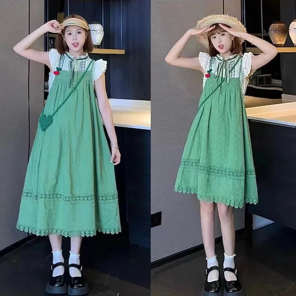 夏 キャミソールワンピース グリーン ワンピース ゆったり レディース 可愛い ワンピース 旅行 カップ 付きインナー30%までに制限