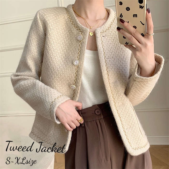 ジャケット レディース ノーカラージャケット フォーマル ライトアウター ツイード ツイードジャケット アウター ツイードブレザー 春 秋 冬 長袖 コート ママスーツ ショート丈 フェミニン お洒